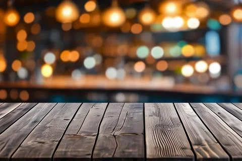Empty wooden table in front of blurred cafe bar or restaurant. Stock-Fotos