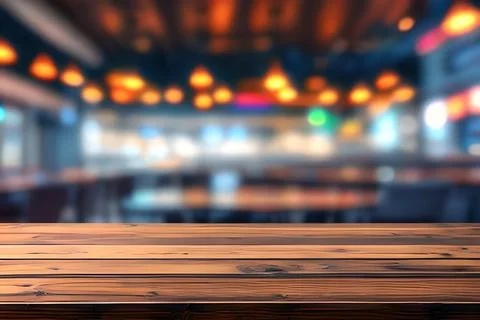 Empty wooden table in front of blurred cafe bar or restaurant. Photos