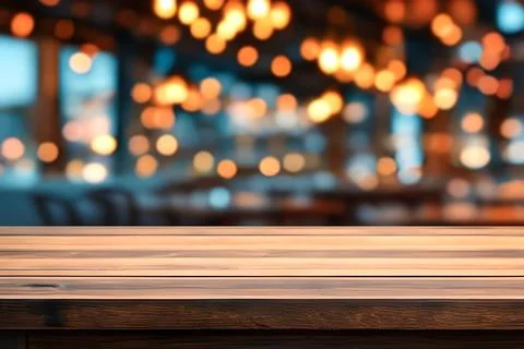 Empty wooden table in front of blurred cafe bar or restaurant. Fotos de archivo