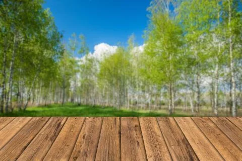 Empty wooden table with landscape background Stock Photos
