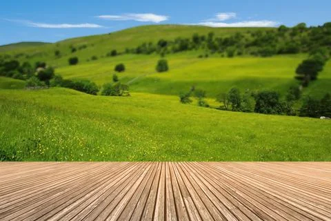Empty wooden table with mountain view or natural wood table. Stock Photos