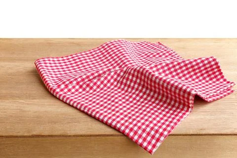 Empty wooden table with red checkered tablecloth on white background Stock Photos