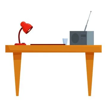 Empty wooden table with red desk lamp and radio receiver on top Stock Illustration