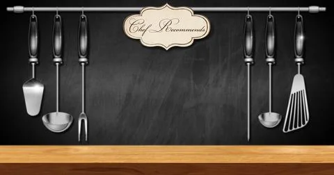 Empty Wooden Table with a Set of Kitchen Utensils and Text Chef Recommends Stock Illustration