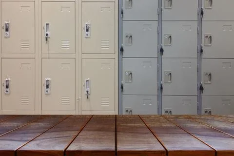 Empty wooden table space platform Locker room background for product display  Stock Photos