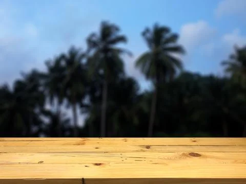 Empty wooden table space platform and blurred Coconut grove background for pr 스톡 사진