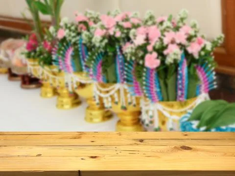 Empty wooden table space platform and blurred Engagement ceremony background  Stock Photos