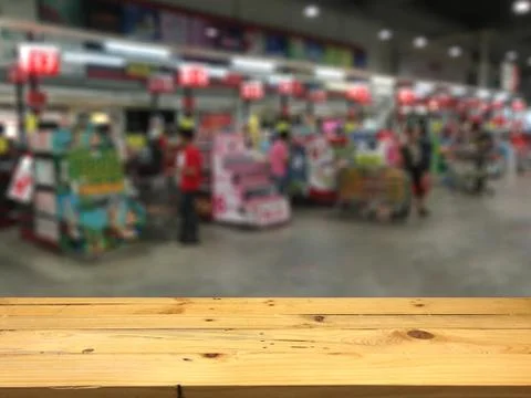 Empty wooden table space platform and blurred Cashier Supermarket background  Stock Photos