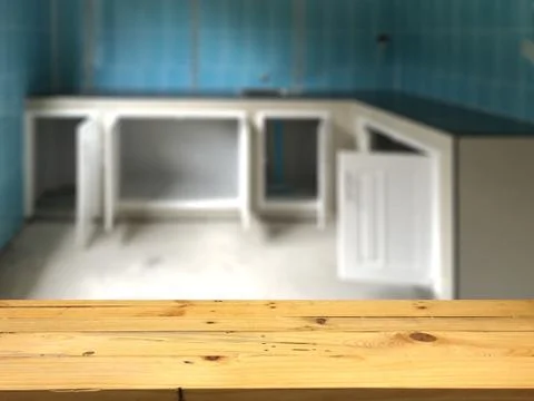 Empty wooden table space platform and blurred Home construction background fo 스톡 사진