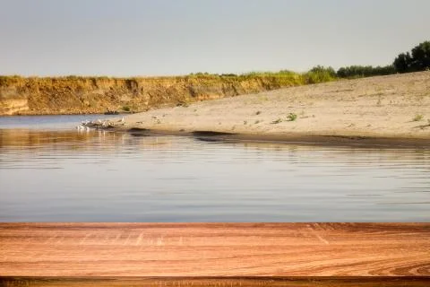 Empty wooden table with summer background of riverside in the daytime for dis Stock Photos