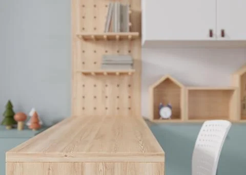 Empty wooden table top and blurred kids room interior on the background. Copy イラスト素材