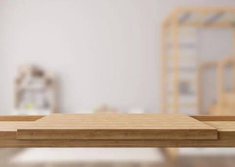 Empty wooden table top and blurred kids room interior on the background. Copy Stock Illustration