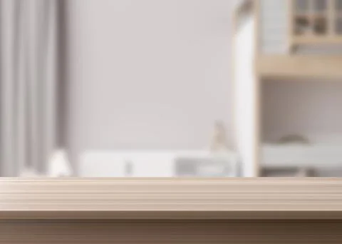 Empty wooden table top and blurred kids room interior on the background. Copy Stock Illustration