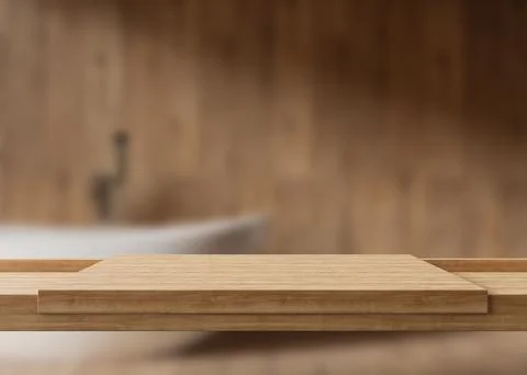 Empty wooden table top and blurred bathroom interior on the background. Copy Stock Illustration