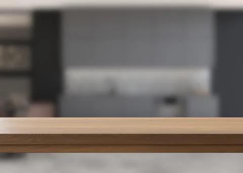 Empty wooden table top and blurred kitchen, dining room interior on the Stock Illustration