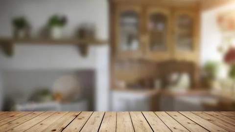 The empty wooden table top on blur vintage kitchen room background. Stock Footage 336715320