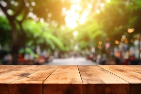 The empty wooden table top with blur background of outdoor cafe in the morning Stock Photos