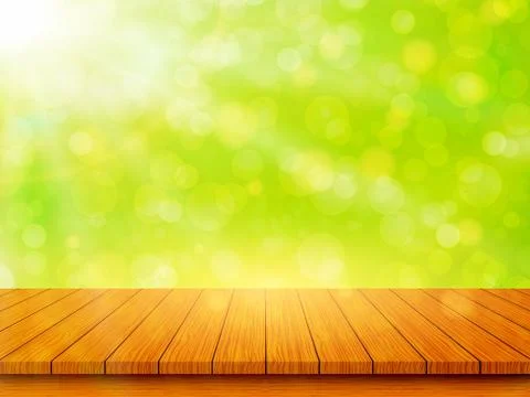 Empty wooden table top on blurred abstract green background. Spring and Summe Stock Illustration