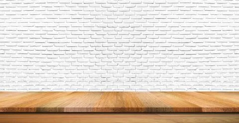 Empty wooden table top, counter or shelf on white brick wall background, For  Stock Photos