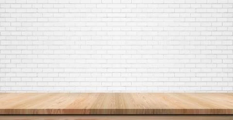 Empty wooden table top, counter or shelf on white brick wall background, For  Stock Photos