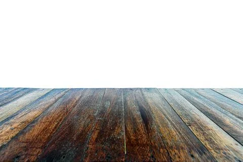 Empty wooden table top isolated on white background. Stock Photos
