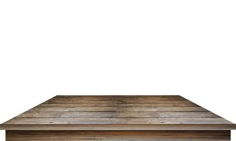 Empty wooden table top isolated on white background Used for displaying or ed Stock Photos