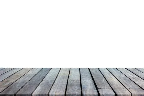Empty wooden table top isolated on white background, used for display or mo.. Stock Photos