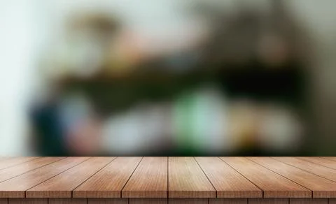 Empty wooden table top with lights bokeh on blur restaurant background (6) Photos