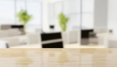 Empty wooden table top with out of focus bright modern office background wi.. Stock Illustration