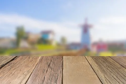 Empty wooden table top perspective with blurred background, used for montage 写真素材