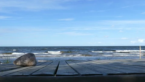 Empty Wooden Table Top on Sandy Beach Side 動画素材 95198786