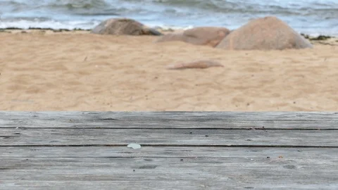 Empty Wooden Table Top on Sandy Beach Side Video stock 95204011