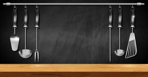 Empty Wooden Table Top with a Set of Kitchen Utensils on Background Stock Illustration