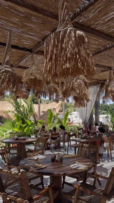 Empty Wooden Tables Under Thatched Roof Beach Club Cesme Stock Footage 340329256
