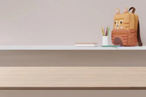 Empty wooden tabletop foreground with softly blurred background featuring school Stock Illustration