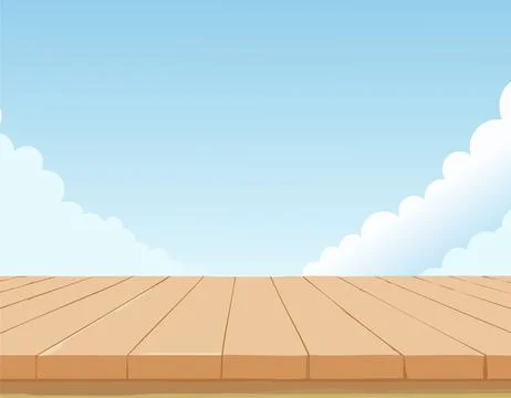 Empty wooden tabletop over sky background with copy space Illustrazione stock