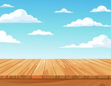 Empty wooden tabletop over sky background with copy space Ilustração Stock