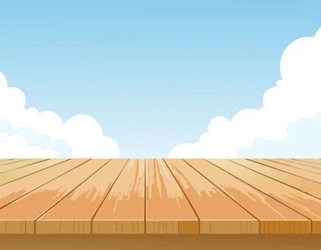 Empty wooden tabletop over sky background with copy space Ilustração Stock