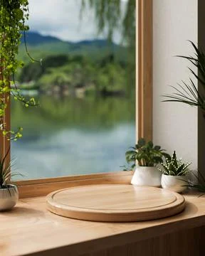 Empty wooden tray display platform and pot plant on table aside window with.. Illustrazione stock