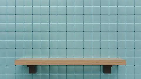 Empty wooden wall shelf on light blue tile for product display, interior de.. Stock Illustration