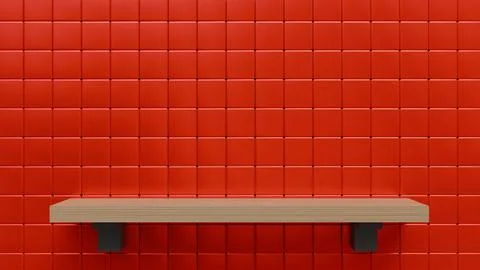 Empty wooden wall shelf on red tile for product display, interior decoratio.. Stock Illustration