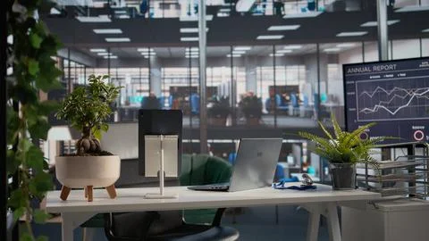 Empty work environment in corporate executive office with modern furniture Stock Photos