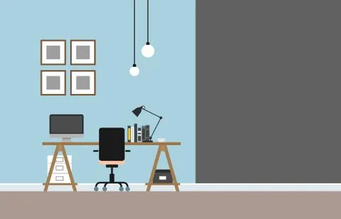 Empty Workplace, Desk Chair Computer Work space Office and home in blue room . Stock Illustration