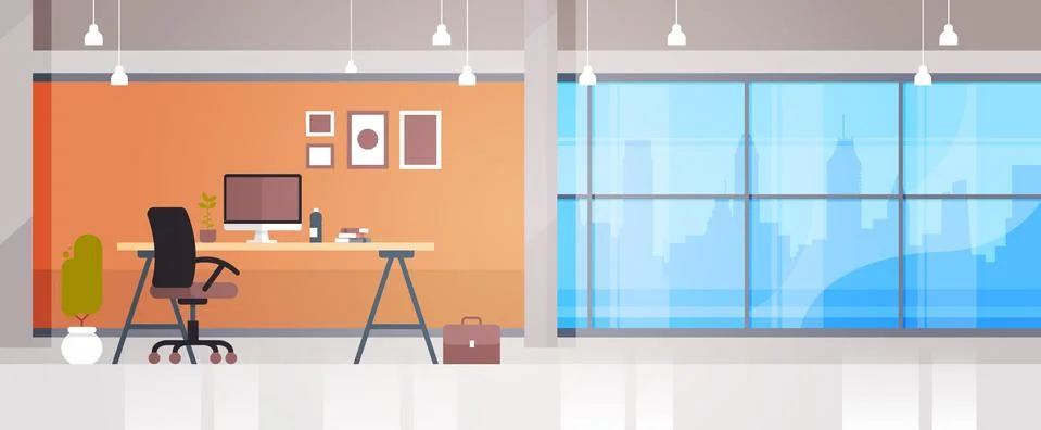 Empty Workplace Office Desk With Desktop Computer Workspace Interior Concept 스톡 일러스트