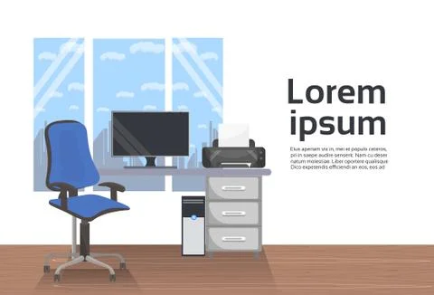 Empty Workplace Office Interior Desk With Computer And Chair Over Window Stock Illustration