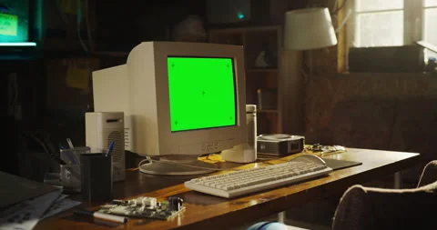 Empty Workplace With Old Chromakey PC In Retro Garage Stock Footage 255998921