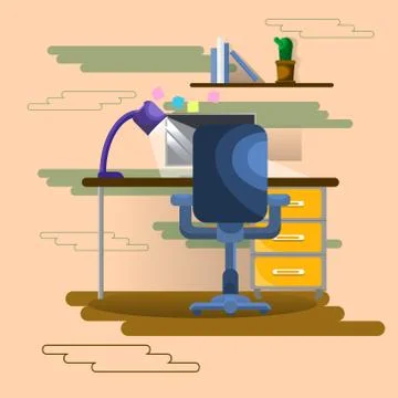 Empty Workplace Seat With Laptop Computer Business Worker Workspace Office Stock Illustration