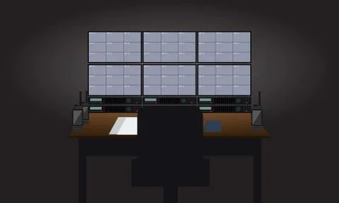 Empty Workplace security guard room. Tv sets showing surveillance cameras view Stock Illustration