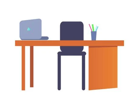 Empty Workplace with Table, Plastic Chair, Laptop Illustrazione stock