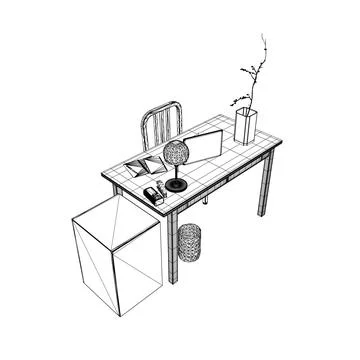 Empty Workplace wireframe, Desk Chair Computer Workspace Office No People. Stock Illustration